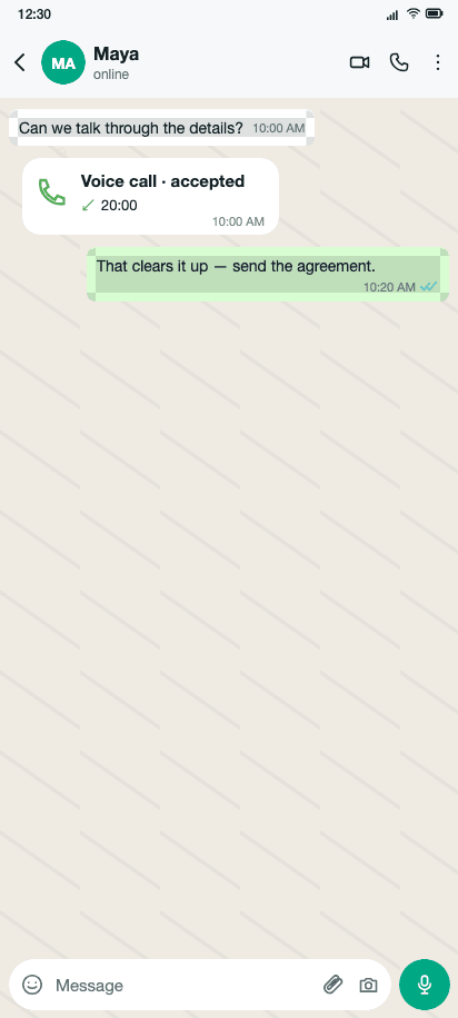 WhatsApp accepted call followed by a correctly timed message