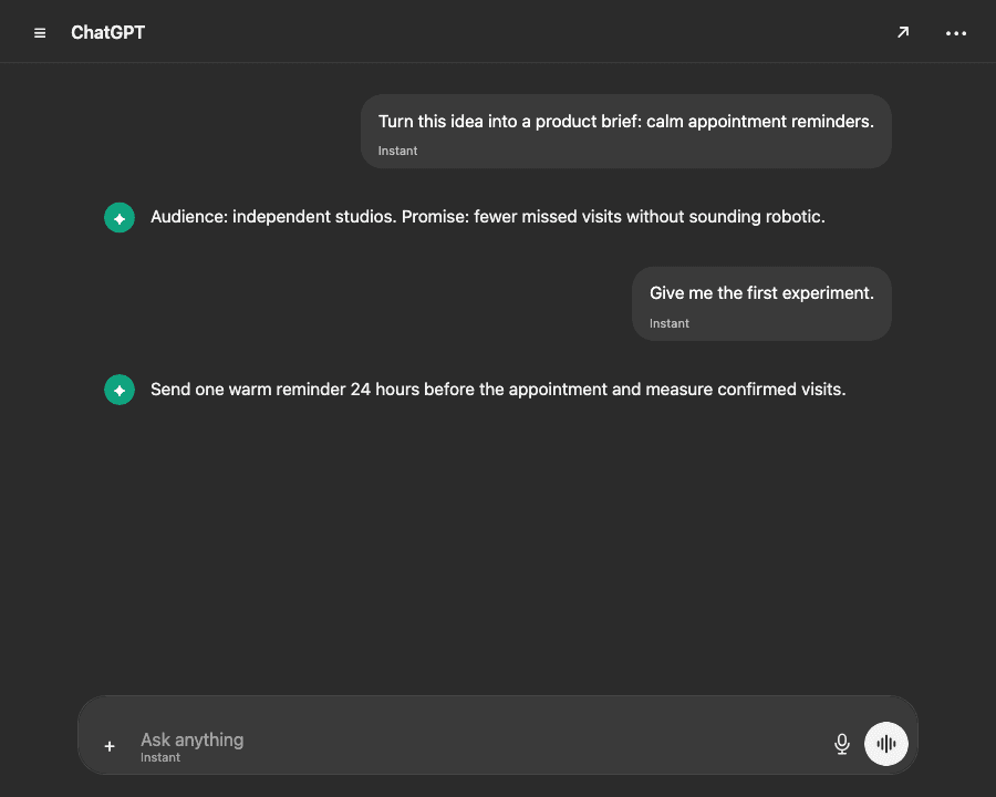 Dark ChatGPT desktop conversation producing a product brief