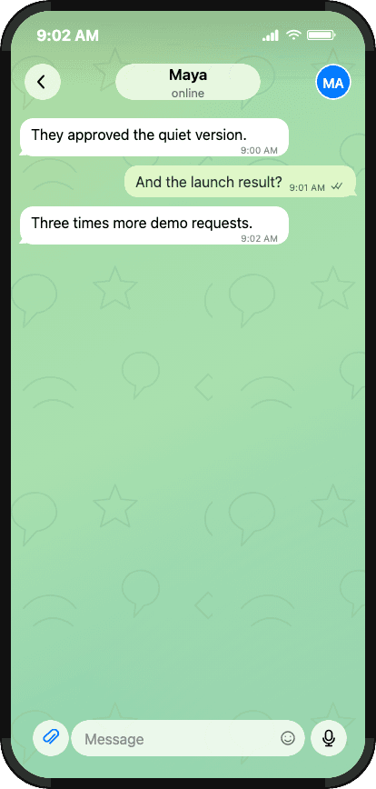 Telegram message reveal with a comic motion effect