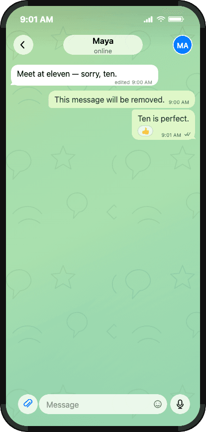 Telegram chat with an edited message, deleted row, and reaction