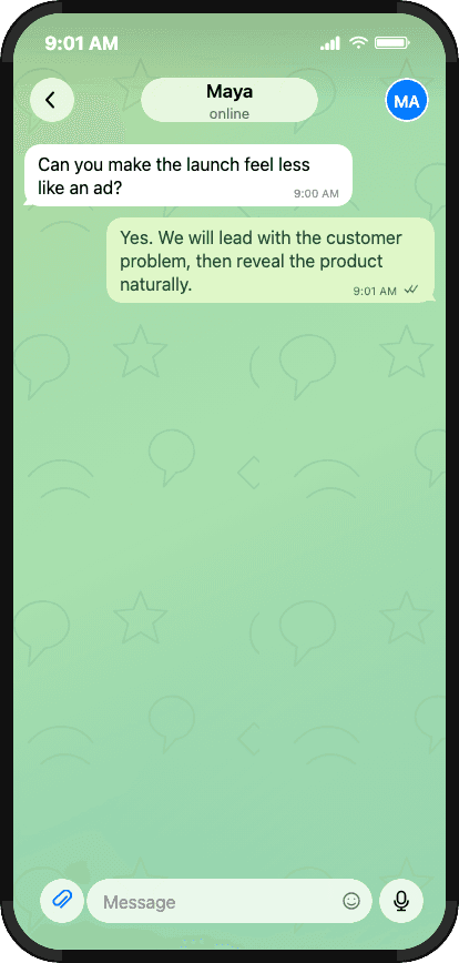 Telegram sales conversation configured for voiceover and music