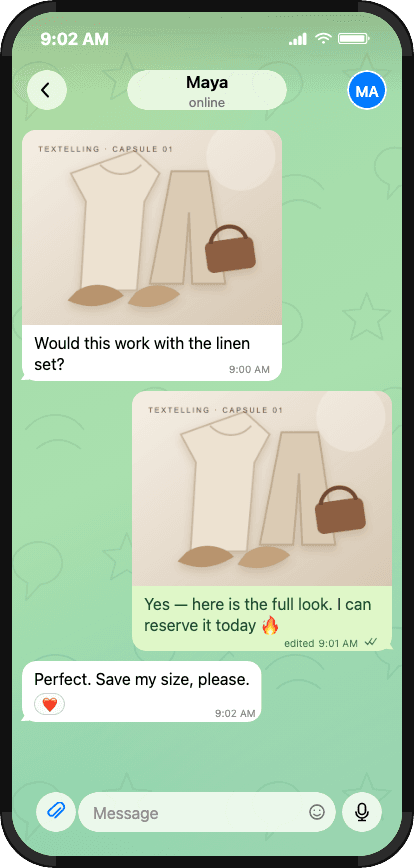 Telegram product conversation with two image messages and a final offer