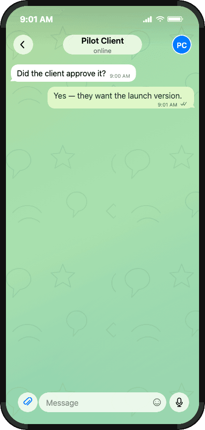 Telegram chat list with a notification leading into a second chat