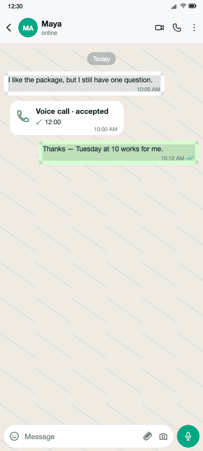 WhatsApp booking conversation with an accepted call and follow-up