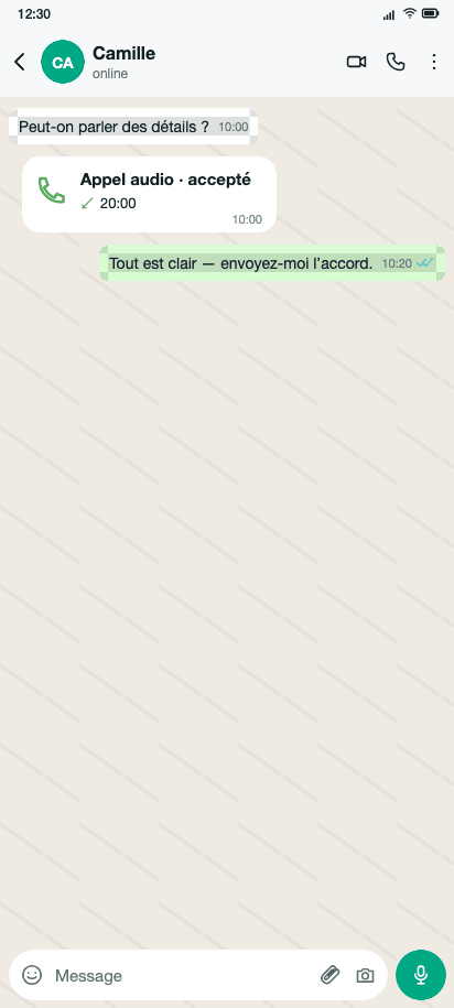 Appel WhatsApp accepté suivi d’un message à l’heure correcte