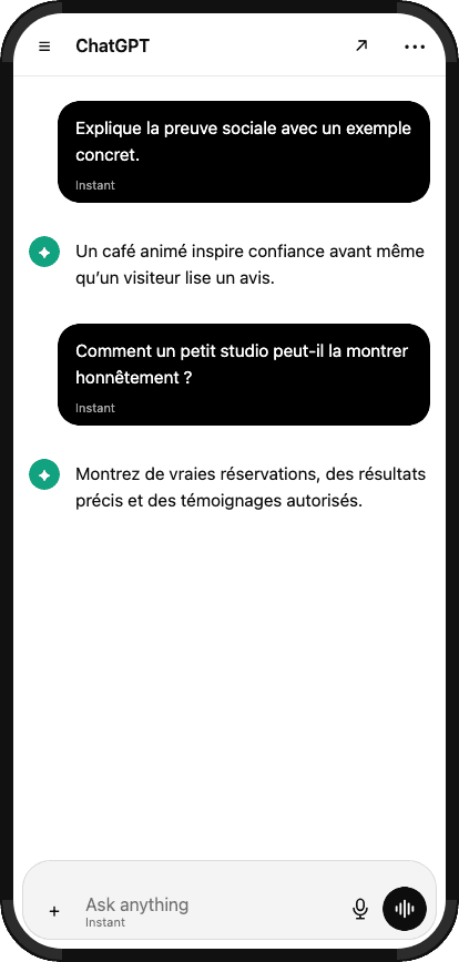 Conversation ChatGPT mobile expliquant une leçon marketing