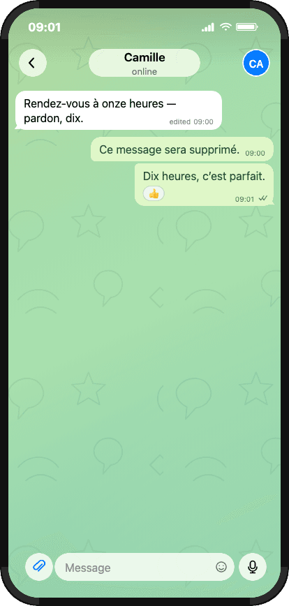 Chat Telegram avec modification, suppression et réaction