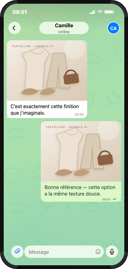 Conversation Telegram avec images entrante et sortante