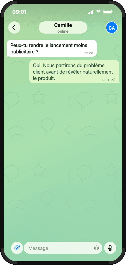 Conversation Telegram configurée pour la voix off et la musique