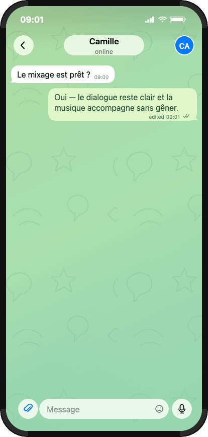 Conversation Telegram avec sons d’interface et musique