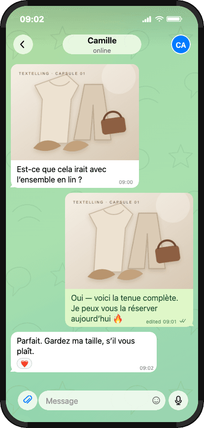 Conversation Telegram avec deux images et une offre finale