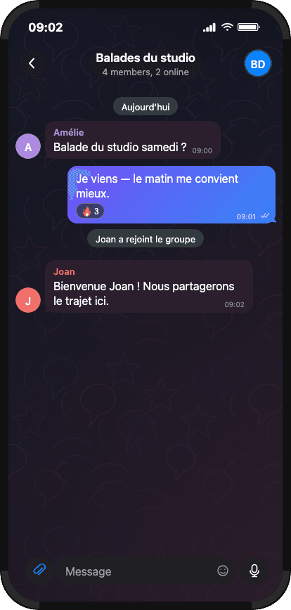 Groupe Telegram affichant une date et l’arrivée d’une membre