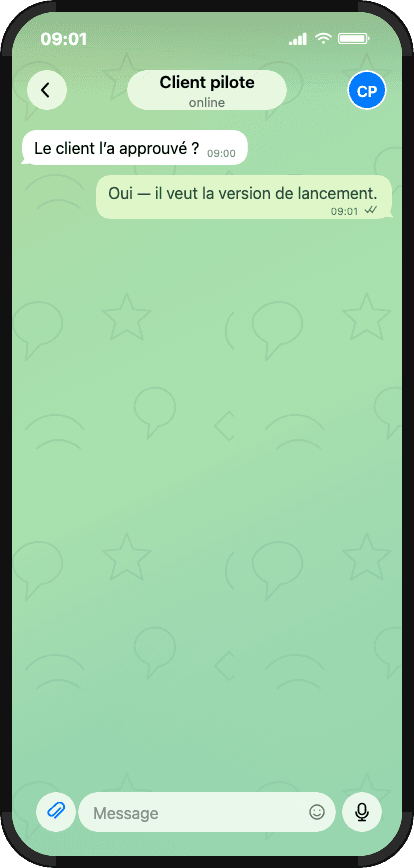 Liste Telegram avec une notification ouvrant un second chat