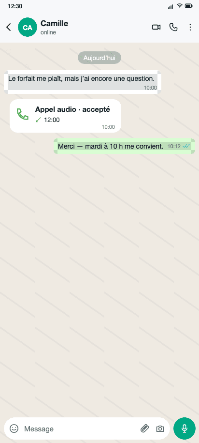 Conversation WhatsApp de réservation avec appel accepté et suivi