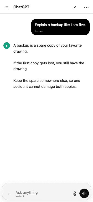 Simulated ChatGPT conversation explaining backups