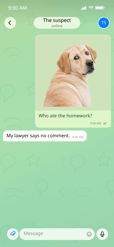 Fictional Telegram chat with a Labrador and a homework joke