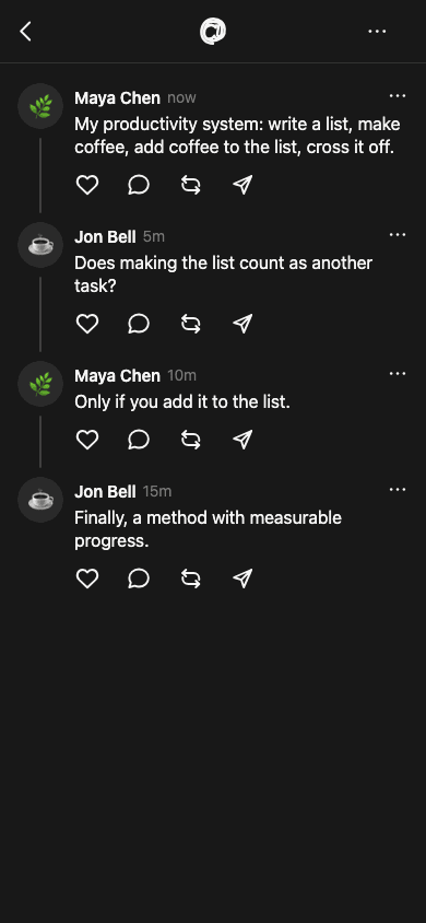 Fictional Threads conversation about a productivity list